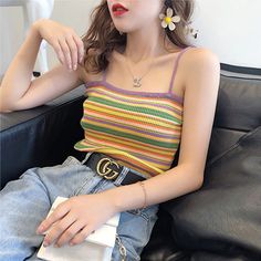 Colorful Striped Camisole Tank Tops – Tomscloth Basic Streetwear, Outer Women, Outer Wear, Girls Sweet, Tank Top Camisole, Outfits Winter, Rainbow Stripes, Color Stripes, Striped Knit