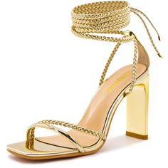 Gold Lace-up Sandals With Wrapped Heel For Evening, Party High Heel Lace-up Sandals With Heel Strap, Glamorous Lace-up Heels With Heel Strap, Glamorous High Heel Lace-up Sandals For Party, Chic Lace-up Sandals With Wrapped Heel For Party, Party Lace-up Sandals With 4-inch Heel, Gold Sandals With Wrapped Heel For Date Night, Party Lace-up Sandals With Heel Strap, Glamorous High Heel Lace-up Sandals For Summer