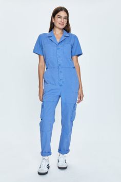 Grover Cargo Jumpsuit - Ocean Blue Blue Relaxed Fit Overalls With Button Closure, Blue Relaxed Fit Utility Jumpsuits And Rompers, Blue Utility Jumpsuit With Relaxed Fit, Blue Utility Overalls For Spring, Blue Utility Jumpsuits And Rompers With Relaxed Fit, Blue Relaxed Fit Utility Jumpsuit Or Romper, Blue Overalls With Button Closure, Blue Cotton Jumpsuit With Button Closure, Blue Relaxed Fit Denim Jumpsuit In Utility Style