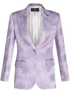 lilac purple full jacquard tailored design wide peak lapels front button fastening long sleeves buttoned cuffs two front flap pockets central rear vent striped lining Jacquard Suit, Tailored Design, Floral Jacquard, Lilac Purple, Breasted Blazer, Suits Coats, Outerwear Women, Mens Coats, Single Breasted