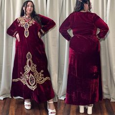 Tiba Fashions Red Velvet Gold Corded Maxi Dress. Tag size XL. Excellent condition. B 48-56 H 58-66 L 58  Models height: 5'3 Bra size: 44DD Measurements: 50 44 58  Usually wears 1X 2X top 2X 3X bottoms  All sales are final. Reminder these items are vintage, expect wear & age to be present. I do my best to point out flaws. Measurements are taken in inches with the garment laying flat. Measurements are then doubled where appropriate (bust hips waist). Feel free to make an offer, however I only acce Red Embroidered Floor-length Maxi Dress, Festive Embroidered Red Maxi Dress, Embroidered Maxi Dress, Plus Size Vintage, Dress Clothes For Women, Bra Sizes, Red Velvet, Dress Outfits, Maxi Dress