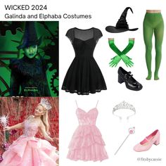 a collage of halloween costumes including witch hats, green gloves and pink dress with black accessories