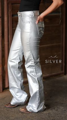 SILVER METALLIC SIGNATURE TROUSER DENIM – Ranch Dress'n Rodeo Clothes, Bra Essentials, Ranch Dress, Women's Western Wear, Western Boutique, Rodeo Shirts, Yellow Tees, Western Vintage, Rodeo Outfits