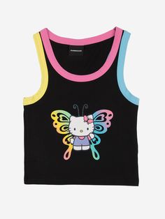 Glitter print Muti-color ribbing 95% cotton, 5% spandex Imported Officially licensed Sanrio merchandise Hello Kitty Butterfly, Sanrio Merchandise, Thick Tank Top, American Werewolf In London, Top Straps, Kitty Art, Pretty Fashion, Hello Kitty Art, Tank Top Straps