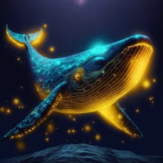 a painting of a blue whale in the ocean with bright lights on it's side