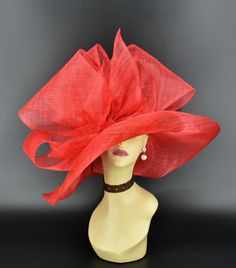 ✿*.Key Features: This red color has orange shade. 100% high quality Sinamay woven material, wide brim with Jumbo bows. It's more beautiful in person! Light and comfortable! Great for Kentucky derby, weddings, Royal Ascot, horse races, cocktails, tea party, or any hat wearing occasion. Hat base size: From front to back appr: 20.5" (52cm) From left to right appr: 21.25" (54cm) Wide brim Appr: 7~8" Head girth: 22.5" (57cm) , adjustable string inside to make smaller to fit your head. If you want oth Orange Short Brim Hat For Party, Orange Short Brim Hat For Kentucky Derby, Elegant Red Straw Hat For The Beach, Wide Brim Orange Mini Hats For Party, Orange Wide Brim Mini Hat For Party, Red Mini Hat With High Crown For Party, Red Flat Brim Boater Hat For Kentucky Derby, Red Mini Hats For Summer Races, Red Wide Brim Cloche Hat For Summer