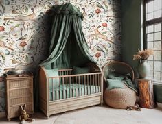 a baby's room with a canopy bed, crib and dresser in it