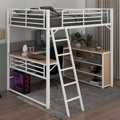 a loft bed with a desk underneath it