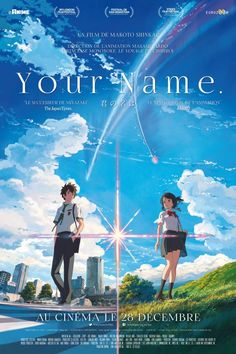 the movie poster for your name with two people standing in front of a blue sky