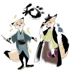 two cartoon foxes dressed in traditional japanese garb and holding swords, with the word go written above them