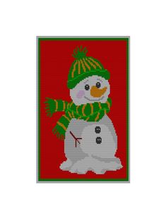 a cross stitch snowman with green hat and scarf on it's head, standing in front of a red background