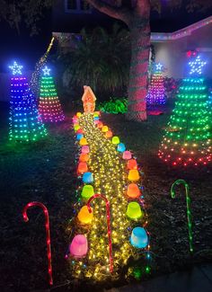 christmas lights in the shape of trees and candy canes