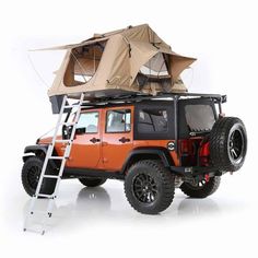 an orange jeep with a roof tent on it's top and ladder to the side