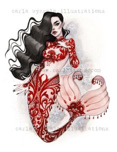 a drawing of a woman in red and white dress with long black hair, sitting on the ground