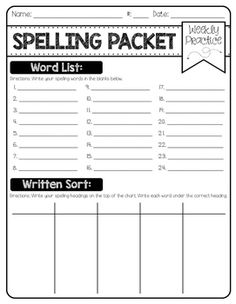 spelling packet with words and numbers on the page, which is in black and white