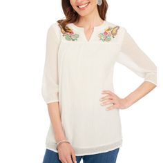 Description This Embroidered Gauze Tunic Is Figure Flattering With Gorgeous Crochet Lace In A Longer Length. The Three-Quarter Sleeves With Elasticized Hem Give This Lovely Gauze Top A Slight Peasant Sleeve Look. Easy Care And Easy Wear With Breezy Side Seam Vents, This Beautiful Tunic Has Got You Covered With Its Top-Notch Style! Embroidered Gauze Tunic. Figure Flattering In A Longer Length. Beautiful Embroidery And Crochet Lace. Banded Round Neckline With A V-Notch. Three-Quarter Sleeves With White Embroidered Neckline Top For Spring, Spring Cream Top With Embroidered Hem, Cream Top With Embroidered Hem For Spring, Cream Tops With Embroidered Hem For Spring, Cream Tops With Floral Embroidery, White Casual Top With Embroidered Neckline, Casual White Top With Embroidered Neckline, Casual White Tops With Embroidered Neckline, Spring Off-white Embroidered Top With Floral Design