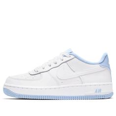 Kids Air Force 1' Hydrogen Blue' GS White/White/Hydrogen Blue Sneakers/Shoes Blue Sneakers, Round Toe Heels, Kids Nike, Nike Air Force 1, Nike Air Force Sneaker, White White, White Shop, Sneakers Shoes, Air Force 1