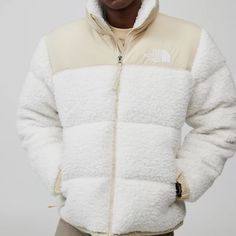 White And Beige Jacket, Hardly Worn. (Stock Photos Were Used) White Winter Outerwear For Streetwear, White Fleece-lined Outerwear For Streetwear, White Hooded Outerwear For Snow, White Puffer Jacket For Winter Streetwear, White Winter Puffer Jacket With Pockets, White Puffer Jacket For Fall Outdoor Activities, White Fall Puffer Jacket For Outdoor Activities, White Outdoor Outerwear With Pockets, Casual White Puffer Jacket For Outdoor Activities