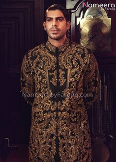 Dulha Sherwani 2021 for Wedding in Black Color Close Up Formal Naqshi Semi-stitched Lehenga, Formal Semi-stitched Naqshi Lehenga, Gold Bandhgala With Dabka Work In Jamawar, Gold Jamawar Bandhgala With Dabka Work, Wedding Sets With Gold Embroidery On Jamawar, Bollywood Style Unstitched Sherwani With Gold Embroidery, Traditional Churidar With Gold Embroidery For Ceremonial Occasions, Reception Jamawar Churidar With Dabka Work, Black Dabka Dupatta For Reception