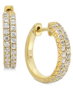 Double rows of diamonds create spectacular shine on these elegant small hoop earrings. Macy's Classic Gold Diamond Earrings, Macy's Gold Diamond Earrings For Anniversary, Luxury Yellow Gold Hoop Earrings With Brilliant Cut, Luxury Yellow Gold Brilliant Cut Hoop Earrings, Macy's Yellow Gold Cubic Zirconia Earrings, Macy's Gold Diamond Earrings, Macy's Yellow Gold Hoop Earrings For Formal Occasions, Macy's Yellow Gold Hoop Earrings For Formal Events, Macy's Elegant Yellow Gold Diamond Earrings