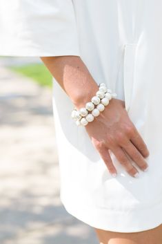 14mm silver-plated copper bead stretch bracelet. White Metal Oyster Bracelet, Hand-strung White Sterling Silver Beaded Bracelets, Everyday White Hand-strung Pearl Bracelet, Luxury Sterling Silver Oyster Pearl Bracelet, Silver Hand-strung Round Pearl Bracelet, Diy Beaded Bracelets, Silver Plated Bracelet, Embroidery Bracelets, Fort Worth Texas