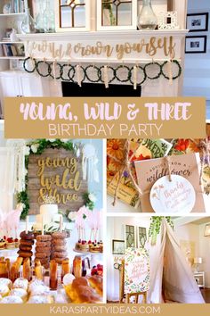 a collage of photos with the words young, wild and three birthday party