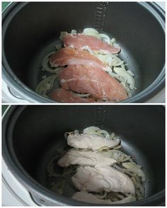 two pictures of food being cooked in an instant pot with onions and meat on the side