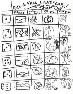 a black and white drawing of fall leaves, dices, and numbers on a sheet of paper