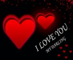 two red hearts with the words i love you in black and red on a dark background