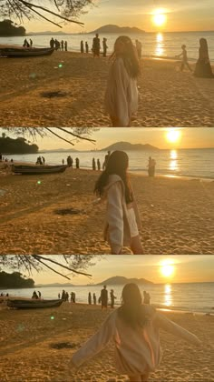 the woman is walking on the beach at sunset