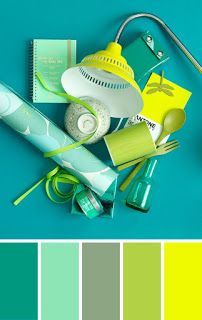 the color scheme is green, yellow and blue with different items in it on a table