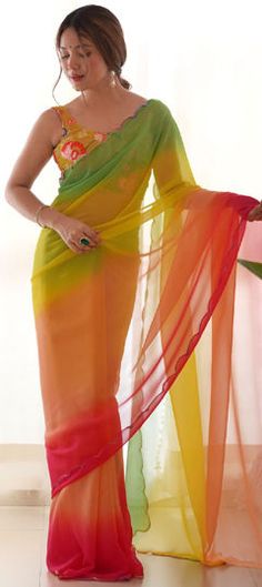 Multicolor color Saree in Faux Georgette fabric with Printed, Thread work Multicolor Blouse Piece With Sheer Dupatta For Reception, Yellow Organza Blouse Piece For Party, Multicolor Organza Saree With Unstitched Blouse, Multicolor Saree With Traditional Drape For Reception, Elegant Multicolor Blouse Piece With Pallu, Multicolor Saree For Reception And Festivals, Multicolor Organza Unstitched Blouse Piece, Elegant Multicolor Georgette Blouse Piece, Elegant Multicolor Georgette Blouse