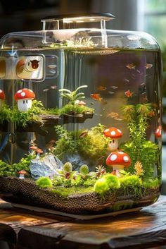 an aquarium filled with lots of plants and mushrooms on top of a wooden table next to a window