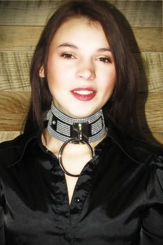 Glamorous Leather and Rhinestone Large O Ring collar by JewelryDC on Etsy Metal Choker For Night Out, Silver Choker For Night Out, Adjustable Metal Rhinestone Choker, Black Choker For Night Out, Glamorous Rhinestone Jewelry For Night Out, Party Black Choker With Rhinestones, Black Rhinestone Party Choker, Silver Rhinestone Jewelry For Night Out, Adjustable Glamorous Metal Choker