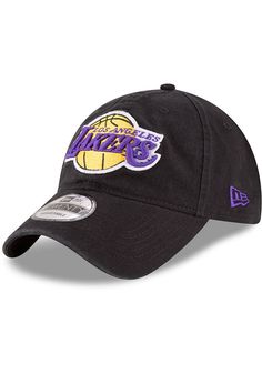 This Los Angeles Lakers Black Adjustable Hat features a front embroidered team logo on a lightly-structured cotton crown, with pre-curved visor and adjustable backstrap. Team logo embroidered on the front, Cloth Strap Closure to dial in the perfect fit, Relaxed, unstructured fit, Pre-curved bill, 100% cotton construction, New Era Flag logo on side, Dad hat, 100% Cotton, Washable, Imported Black Hat With Embroidered Logo And Curved Visor, Dad Hat With Embroidered Logo For Fan Gear, Fan Gear Dad Hat With Embroidered Logo, Embroidered Logo Dad Hat For Fan Gear, Throwback Adjustable Baseball Cap With Embroidered Logo, Adjustable Throwback Baseball Cap With Embroidered Logo, Black Cotton Baseball Cap With Logo, Team-colored Cotton Hats With Curved Brim, Cotton Hat With Team Logo For Sports Events