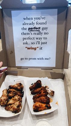 two white plates with chicken on them and a sign that says when you've already found the perfect guy there's really no perfect way to ask so i'll just ask it