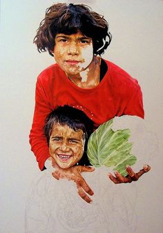 a drawing of two children holding lettuce in their hands, with the child's face painted white