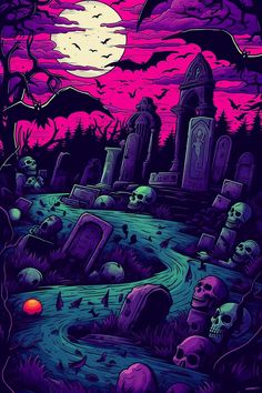 an image of a graveyard with skulls and tombstones in the foreground, under a full moon