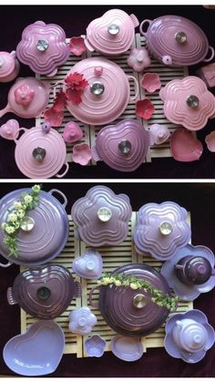 two pictures of purple dishes with flowers in the middle and one has pink plates on it