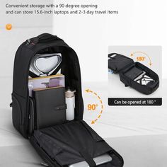 an open backpack with items in it and instructions on how to pack the bag for travel