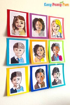 a group of children's faces hanging on a wall