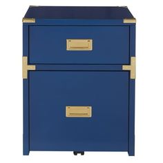 a blue and gold file cabinet with two drawers on casteors, one drawer open