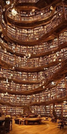 a large room filled with lots of books on top of a wooden floor covered in lights