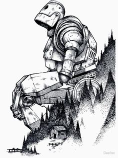 an ink drawing of a robot riding on top of a car in the mountains with trees