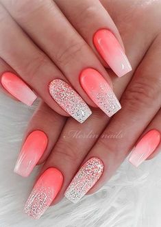 Sparkling coral ombre nail art on long coffin nails Coral Ombre Nails, Uñas Color Coral, Summer Nails Colors Designs, Nails With Glitter, Fabulous Hair, Bride Nails, Colorful Nail Designs, Acrylic Nails Coffin Short