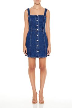 Button-Front Denim Mini Dress | Forever 21 Summer Fitted Mini Pinafore Dress, Fitted Mini Pinafore Dress For Summer, Denim Square Neck Mini Dress For Summer, Casual Square Neck Mini Dress With Buttons, Casual Mini Dress With Square Neck And Buttons, Summer Denim Mini Dress With Square Neck, Spring Denim Mini Dress With Snap Buttons, Denim Mini Dress With Buttons, Spring Mini Length Fitted Pinafore Dress