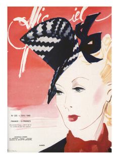 a woman wearing a black and white hat on top of a magazine cover with words written in english