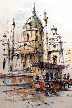 ink watercolor Emma Fitzpatrick, Watercolour Buildings, Paper Wall Art, Landscape Art Painting, Gcse Art, German Language, Architecture Sketch, Street Scenes