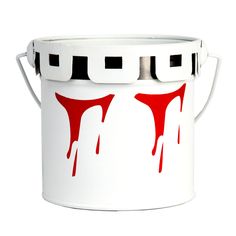 a white bucket with red paint dripping down the side and two black dots on it