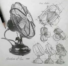 a drawing of an old fan and some other things to draw in pencil on paper